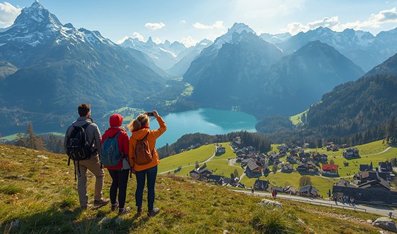Travelers enjoying Swiss landscapes